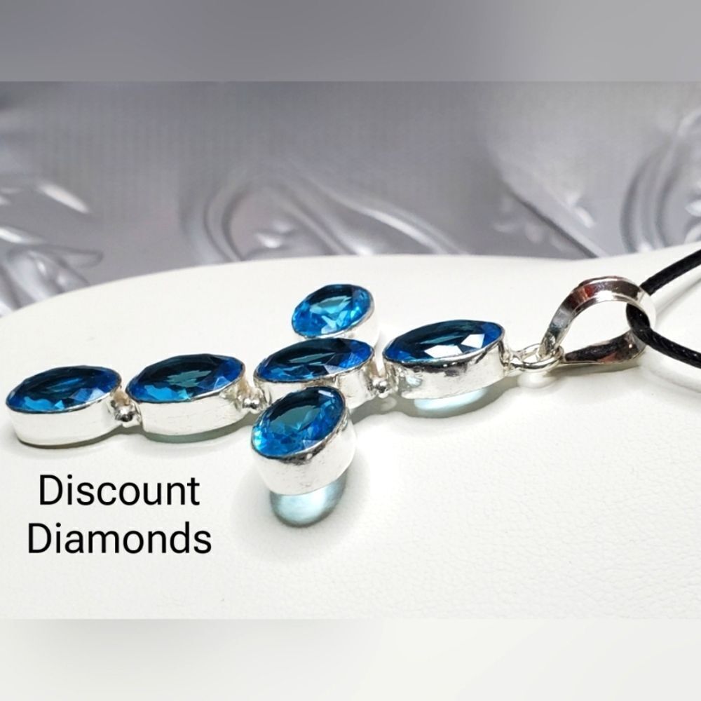 Blue Crystal Cross Pendant Necklace - Picture 2 of 7